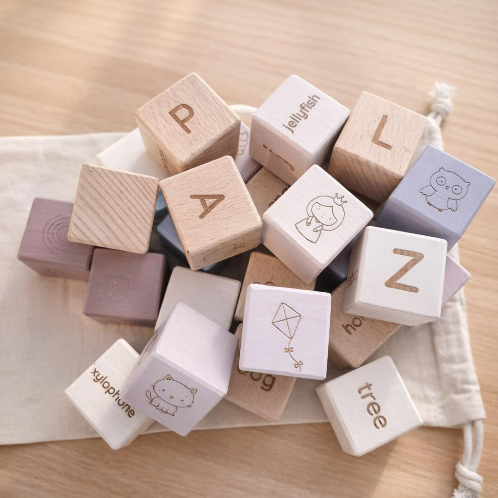 Beech Wood Alphabet Building Blocks (A–Z)