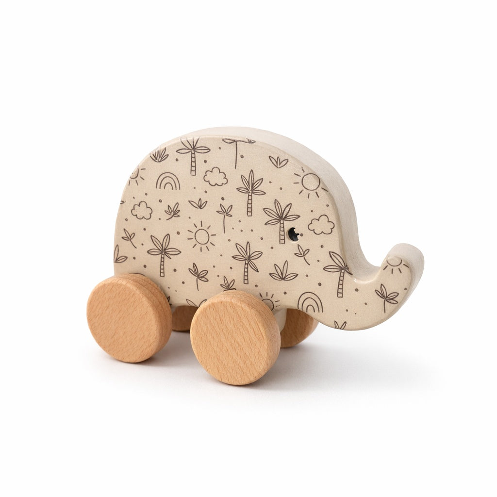 Handmade Wooden Elephant Toy on Wheels – Daisy & Safari Nursery Toy